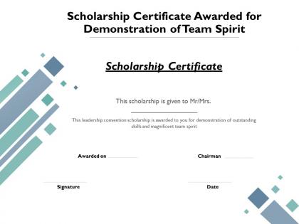 Scholarship certificate awarded for demonstration of team spirit