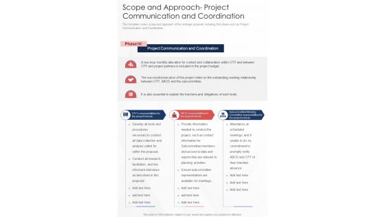 Scope And Approach Project Communication And Coordination One Pager Sample Example Document
