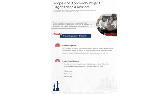 Scope And Approach Project Organization And Kick Off One Pager Sample Example Document