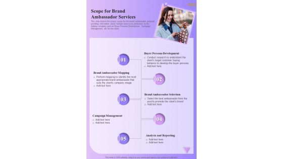 Scope For Brand Ambassador Services One Pager Sample Example Document