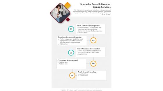 Scope For Brand Influencer Signup Services One Pager Sample Example Document