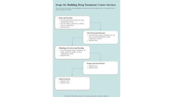 Scope For Building Drug Treatment Center Services One Pager Sample Example Document