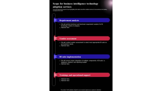 Scope For Business Intelligence Technology Adoption Services One Pager Sample Example Document