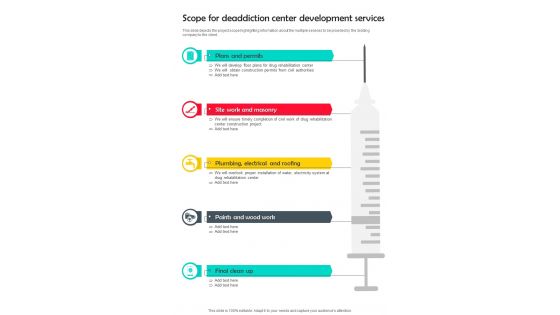 Scope For Deaddiction Center Development Services One Pager Sample Example Document