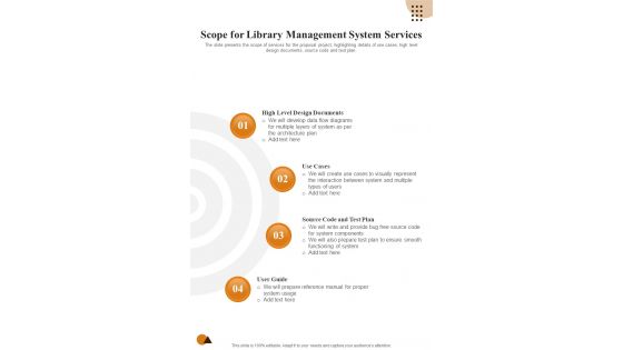 Scope For Library Management System Services One Pager Sample Example Document