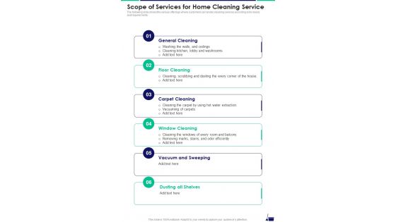 Scope Of Services For Home Cleaning Service One Pager Sample Example Document