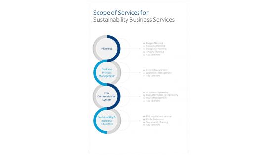 Scope Of Services For Sustainability Business Services One Pager Sample Example Document