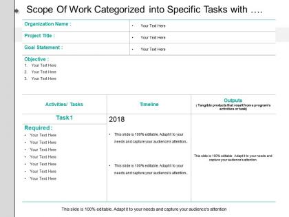 Scope of work categorized into specific tasks with deadlines include objectives and other details