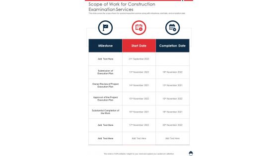 Scope Of Work For Construction Examination Services One Pager Sample Example Document