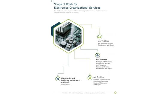 Scope Of Work For Electronics Organizational Services One Pager Sample Example Document