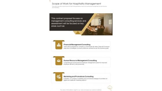 Scope Of Work For Hospitality Management One Pager Sample Example Document