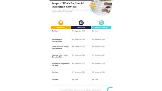 Scope Of Work For Special Inspection Services One Pager Sample Example Document