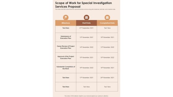 Scope Of Work For Special Investigation Services Proposal One Pager Sample Example Document
