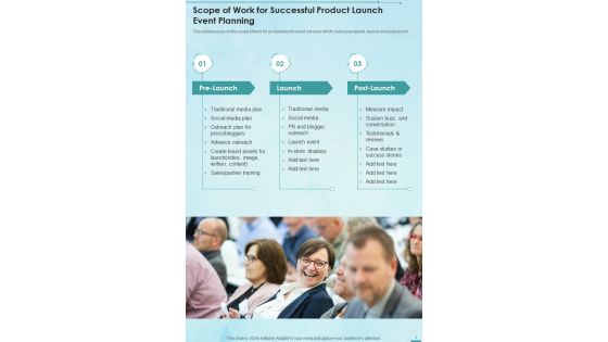 Scope Of Work For Successful Product Launch Event Planning One Pager Sample Example Document