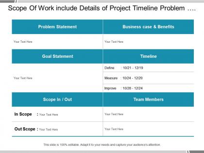 Scope of work include details of project timeline problem statement goal statement and team member detail