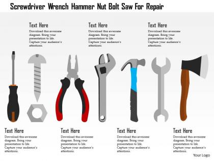 Screwdriver wrench hammer nut bolt saw for repair flat powerpoint design