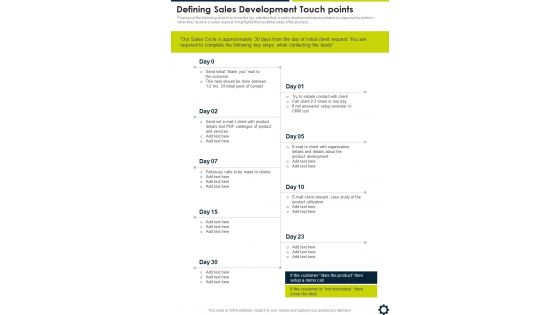 Sdr Playbook Defining Sales Development Touch Points One Pager Sample Example Document