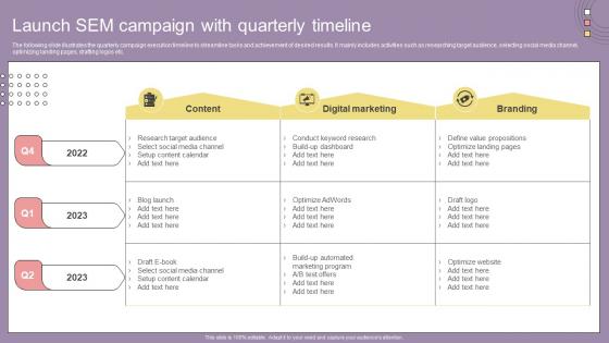 Search Engine Marketing Campaign Launch SEM Campaign With Quarterly Timeline
