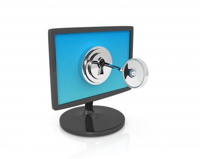 Secure pc laptop and key graphic stock photo