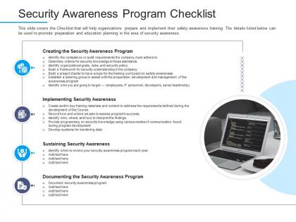 Security awareness program checklist information security awareness ppt template shapes