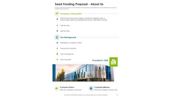 Seed Funding Proposal About Us One Pager Sample Example Document