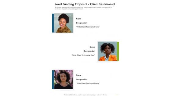 Seed Funding Proposal Client Testimonial One Pager Sample Example Document