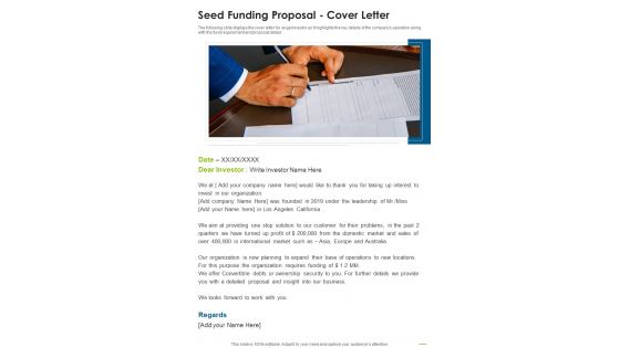 Seed Funding Proposal Cover Letter One Pager Sample Example Document