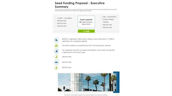 Seed Funding Proposal Executive Summary One Pager Sample Example Document