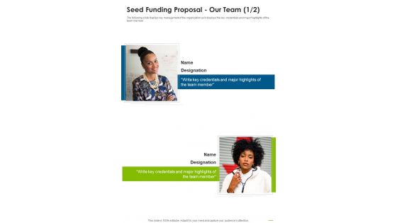 Seed Funding Proposal Our Team One Pager Sample Example Document