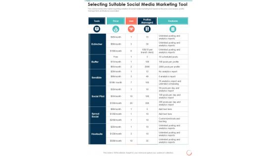 Selecting Suitable Social Media Marketing Tool One Pager Sample Example Document