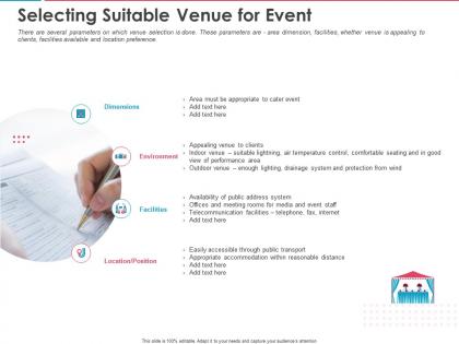 Selecting suitable venue for event ppt powerpoint presentation pictures designs download