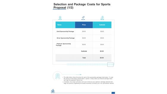 Selection And Package Costs For Sports Proposal One Pager Sample Example Document