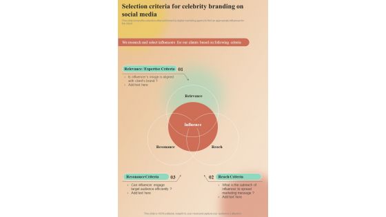 Selection Criteria For Celebrity Branding On Social Media One Pager Sample Example Document