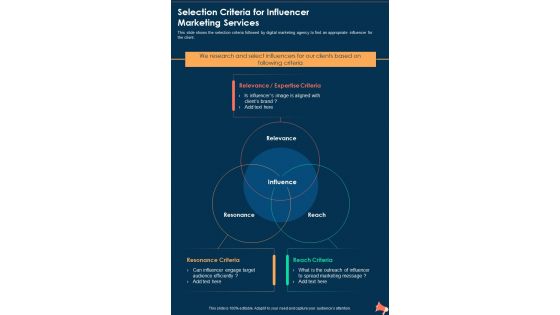 Selection Criteria For Influencer Marketing Services One Pager Sample Example Document