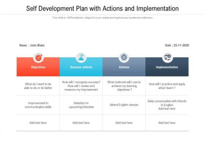 Self development plan with actions and implementation
