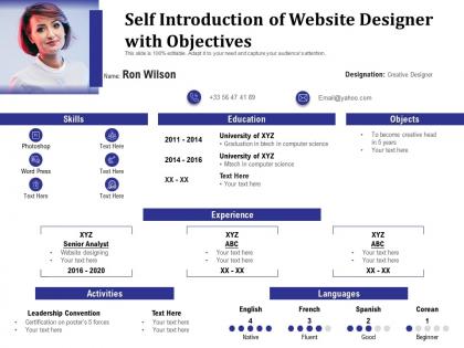 Self introduction of website designer with objectives