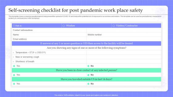 Self Screening Checklist For Post Pandemic Pandemic Business Strategy Playbook