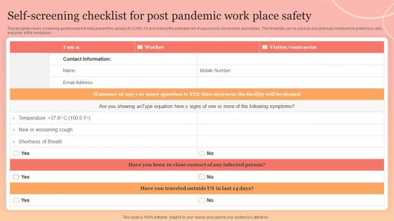 Self Screening Checklist For Post Pandemic Work Place Safety New Normal Adaption Playbook