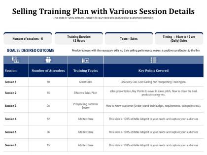Selling training plan with various session details