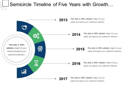Semicircle timeline of five years with growth gear globe icons