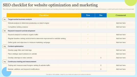 SEO Checklist For Website Optimization And Internet Marketing Techniques For Effective Promotional