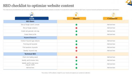 SEO Content Plan To Improve Online SEO Checklist To Optimize Website Content Strategy SS
