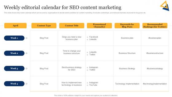 SEO Content Plan To Improve Online Weekly Editorial Calendar For SEO Content Strategy SS