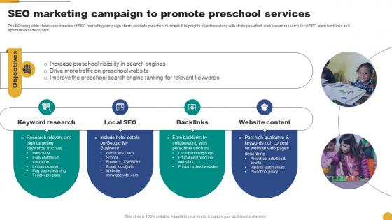 SEO Marketing Campaign To Promote Preschool Services Kids School Promotion Plan Strategy SS V