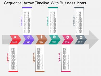 Sequential arrow timeline with business icons flat powerpoint design