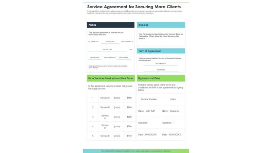 Service Agreement For Securing More Clients One Pager Sample Example Document
