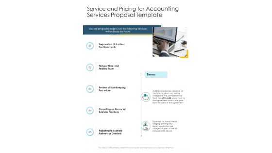 Service And Pricing For Accounting Services Proposal Template One Pager Sample Example Document