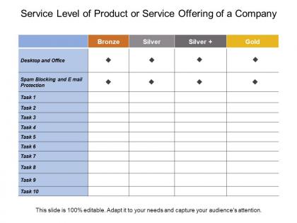 Service level of product or service offering of a company