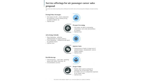 Service Offerings For Air Passenger Career Sales Proposal One Pager Sample Example Document