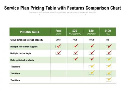 Service plan pricing table with features comparison chart